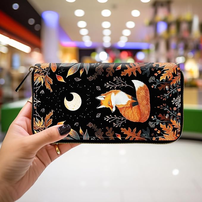 Wallet,Leather Long Wallet Suitable For Ladies And Teenagers - Detachable Wristband + RFID Travel Wallet With Card Slot - Cute Fox Moon with Plants - Image 4