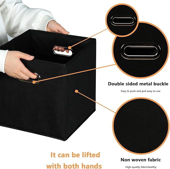 Yunkeeeper storage bins Cubes, Fabric Cube Organizer with Handle, Foldable Cube Bins for Cloth or Accessary Storage, 11x11x11, Set of 6, (black) - Image 4