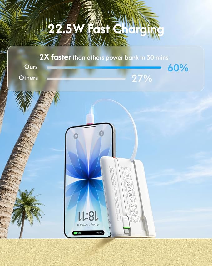 VEGER 10000mAh 22.5W Fast Charging Portable Charger with Built-in Cables | 0.4lb Slim USB C Power Bank, Small Battery Pack for iPhone 17/16/15/14/13 iPad Samsung, Flight Safe, Travel Essential, White - Image 3