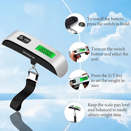 Luggage Scale, 110lb/50kg Portable Luggage Weight Scale, Silver | Unit Conversion,Automatic overload,Low battery warning modes,LED Display,for Weighing Luggage, Backpacks, Fruits and Pets - Image 5