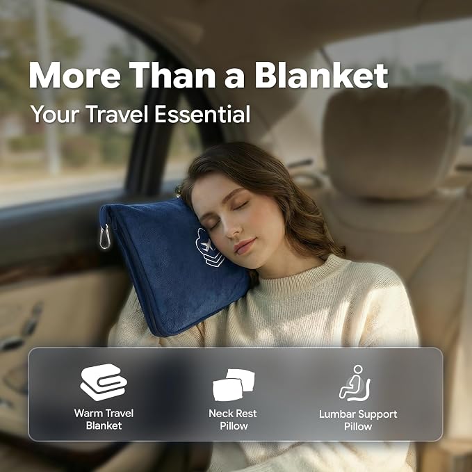 Travel Blanket, Soft 2-in-1 Airplane Blanket, 65x40 Inches, Travel Blanket Airplane Compact with Bag, Car Blanket with Luggage Sleeve & Backpack Clip (Navy Blue) - Image 6
