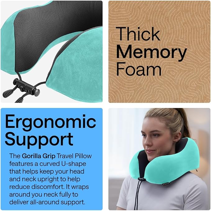 GORILLA GRIP Adjustable Travel Neck Pillow for Airplanes, CertiPUR-US® Memory Foam, Soft Velvet, Cooling Mesh Pillows, Support Headrest for Sleeping, Traveling Essentials, Flight Accessories Turquoise - Image 3