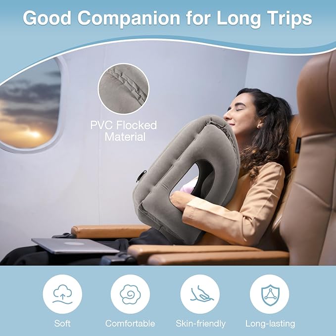 MoKo Inflatable Travel Pillow, Neck Pillow with Storage Bag, Gray | Ergonomic design airplane pillow, optimal neck support. Cutouts to avoid arm numbness. Heart-shaped vent. With storage bag - Image 5