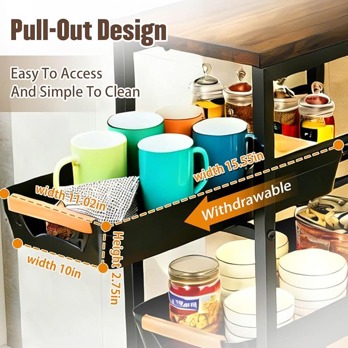 Slim Storage Cart with Wheels Pull-Out 5-Tier Rolling Storage Cart | narrow white 12.6in Wide, Mesh Baskets with Raised Edge, Wood-Grain Top, 360° Lockable Casters, Easy Assembly - Image 3