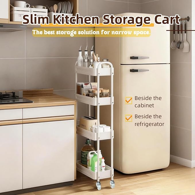 4 Tier Slim Kitchen Storage Cart for Narrow Space, 7.1'' Wide Metal Rolling cart with Wheels and Lockable Casters, Sturdy Mobile Thin Shelf for Laundry Room Between Washer and Dryer, White - Image 3