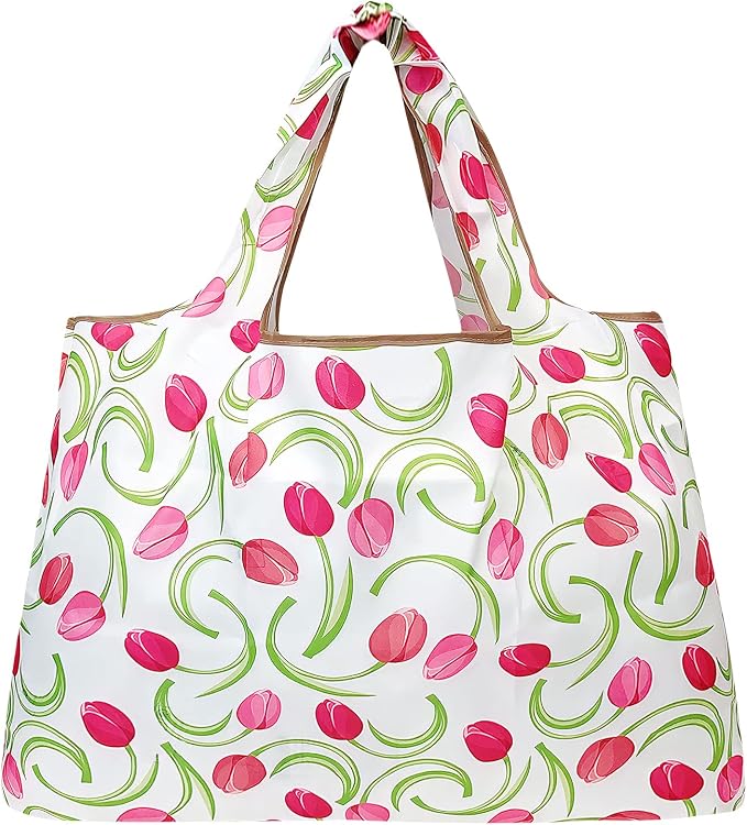 allydrew Large Foldable Tote Nylon Reusable Grocery Bags, Pink Tulips - Image 3