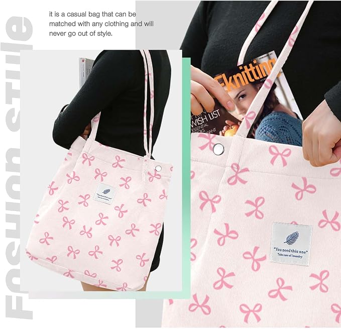 LHMTQVK Corduroy Tote Bags for Women, Large Capacity Tote Purse Reusable Grocery Shoulder Bag with Inner Pockets - Image 8