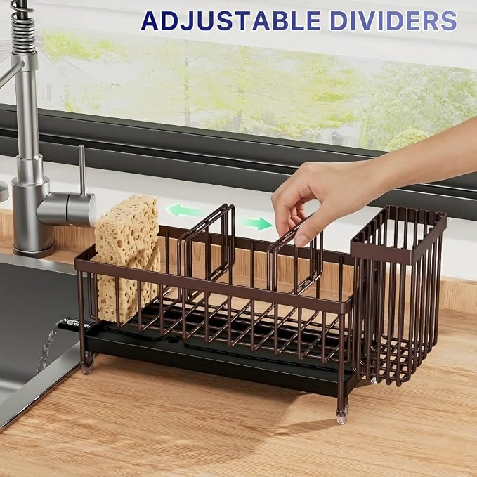 Cisily Brown Sponge Holder for Kitchen Sink, Sink Caddy Organizer with High Brush Holder, Kitchen Countertop Organizers and Storage Essentials, Rustproof 304 Stainless Steel, Soap Dispenser Organize - Image 4