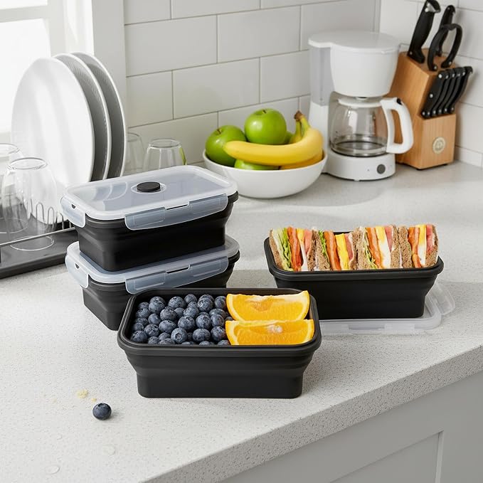 Collapsible Silicone Food Storage Containers Set with Lid & Air Vent,Foldable Lunch Containers(4PCS,Black,27oz) - Image 5