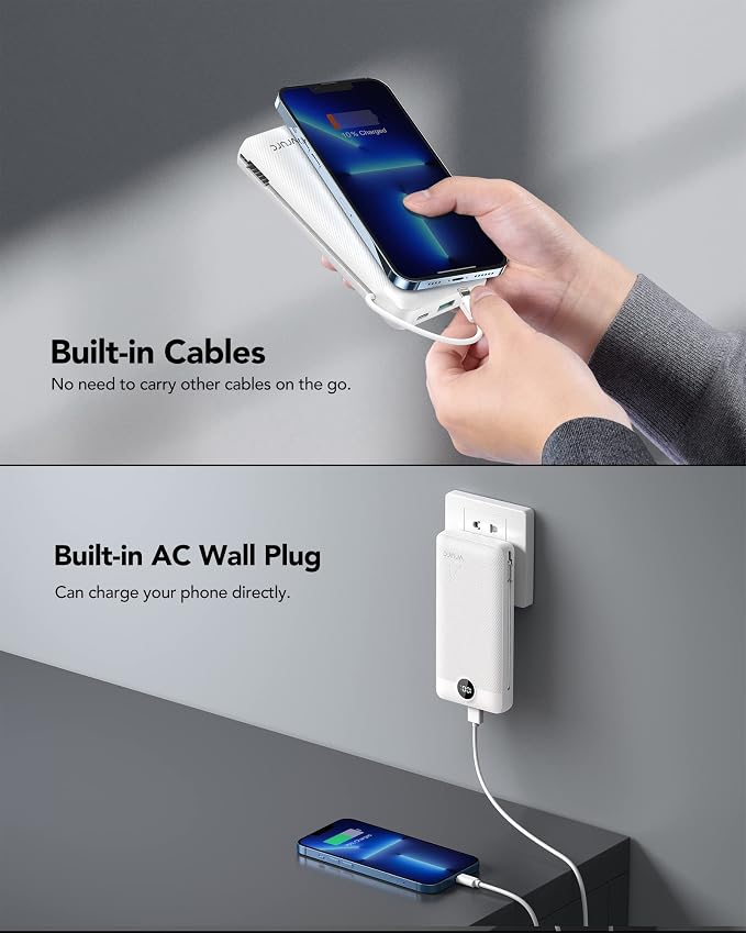 VRURC Power Bank 20000mAh, Fast Charging Portable Charger USB C,4 Output 2 Input Travel Essentials Charging Bank Equipped with LED Display,Built-in Wall Plug and Cables,Phone Charger Battery,White - Image 8