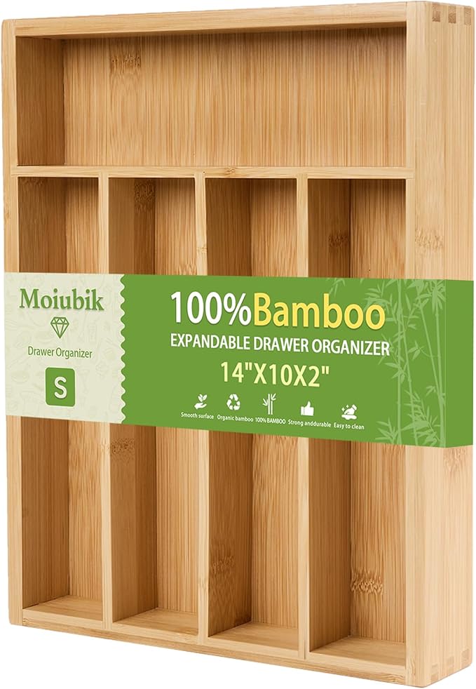 Bamboo Expandable Silverware Drawer Organizer, Adjustable Utensil Tray Cutlery Holder for Kitchen Drawer, Flatware Storage Organizer for Spoons, Forks and Knives, Natural (5 Slot,) by Moiubik