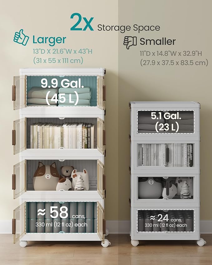 SONGMICS 48QT stackable storage bins with 1 Lid, 4-Tier Foldable Bins | Collapsible Cabinet, PP Plastic, Magnetic Doors and wheels, 21.6 x 13 x 43 inch, White, DENNYS Collection URLB450WZ01 - Image 3