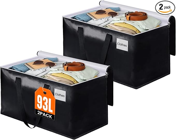 Heavy Duty Moving Bags, Extra Large Storage Bags, 93L, 2-Pack, Black | Foldable, with Zippers, Tag Pocket & Handles, Reusable, Space-saving, Water-Resistant, for moving & storage, Versatile Use by BlissTotes