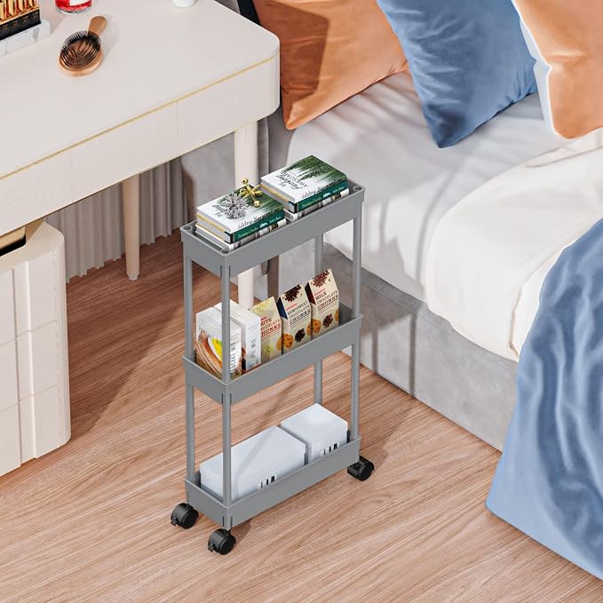 Sooyee Slim Storage Cart,3 Tier Bathroom Rolling Utility Cart Storage Organizer Slide Out Cart, Mobile Shelving Unit Organizer Trolley for Office Bathroom Kitchen Laundry Room Narrow Places, Grey - Image 2