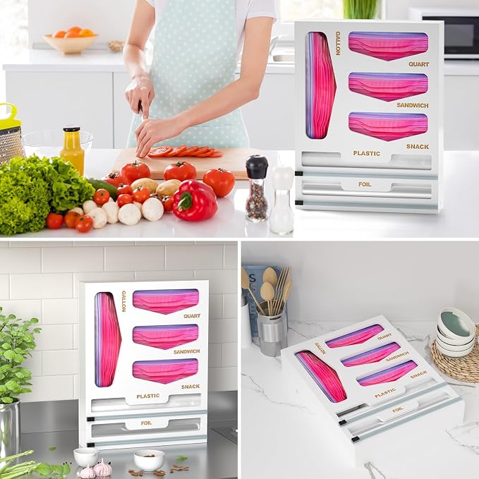 DALSHABET Bamboo Bag Organizer with Magnetic Closure, 6 In 1 Kitchen Drawer Foil and Plastic Wrap Dispenser with Cutter, Storage bag for Gallon, Quart, Sandwich, Snack White - Image 7