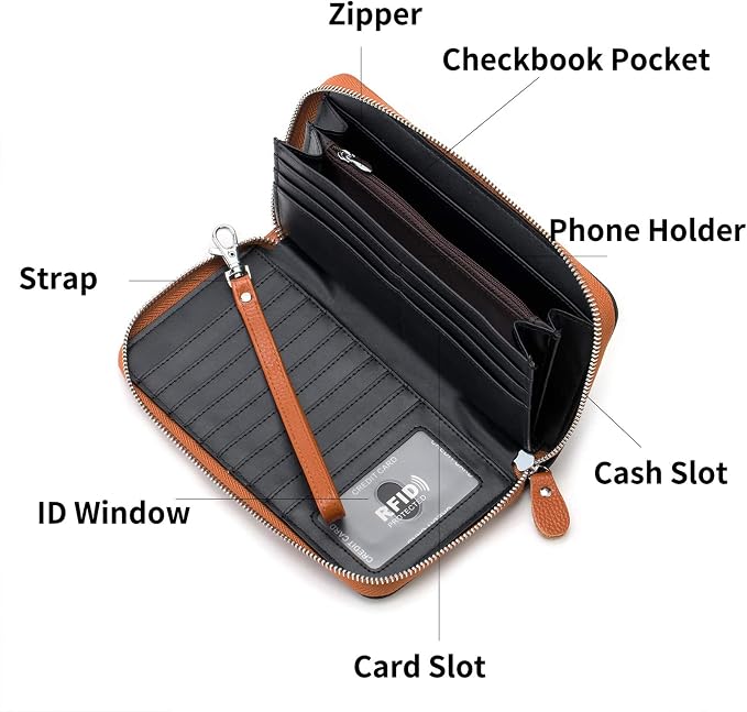 Moflycom Womens Wallet RFID Blocking Genuine Leather Multi Credit Card Large Capacity Zip Around Clutch Travel Purse Wristlet - Image 3