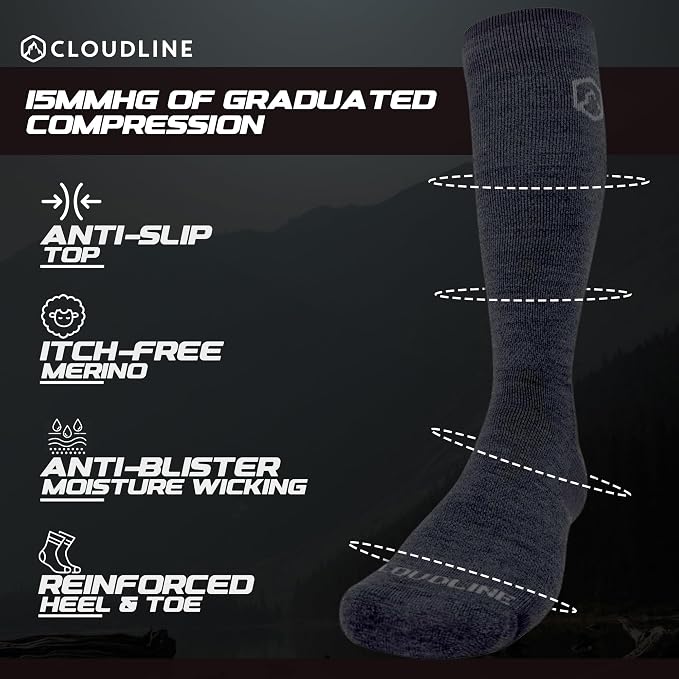 CloudLine - Merino Wool Graduated Compression Socks for Men and Women - Ultralight, Moisture Wicking, Made in USA - 1 Pair - Image 2
