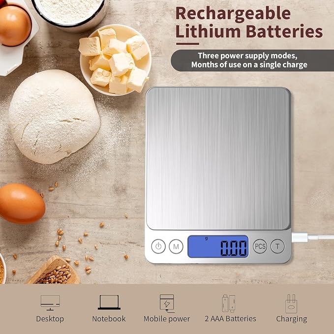 Digital Gram Scale 1000g/0.01g, Scale for Food Ounces and Grams, Upgrade USB Charging Kitchen Scale Digital Weight for Cooking, Baking, Tare Function, 9 Units, 2 Tray - Image 2
