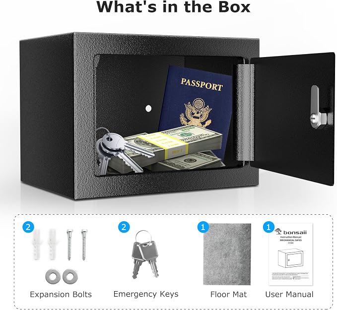 Bonsaii Safe Box with Key Lock, Steel Security Lock Box, 0.23 Cubic Feet, 9.06" W x 6.69" D x 6.69" H, Small Hidden Safe for Cash Jewelry | SPCC steel, 9.06x6.69x6.69 in, pry-resistant door & hidden hinges, pre-drilled for shelf/drawer/closet, includes... - Image 6