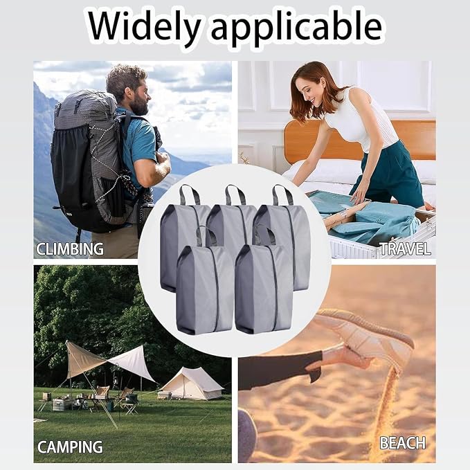 5Pcs XL Travel Shoe Bags Portable Travel Gifts Shoe Organizer with Zipper Closure, Waterproof Nylon Shoe Storage Organizer with Handle Travel Bags For Men and Women, Grey - Image 7