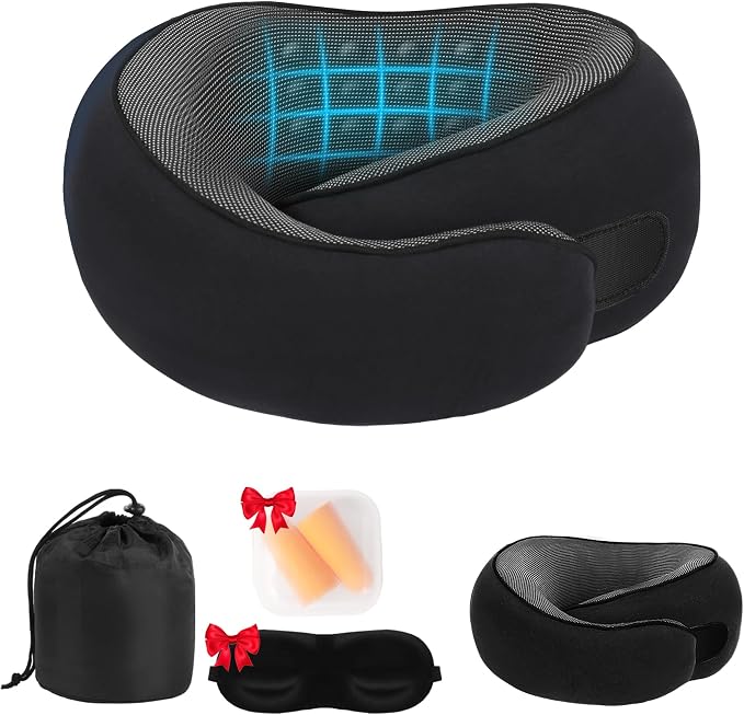 Neck Pillow for Traveling, New Upgraded Travel Neck Pillow, 100% Pure Memory Foam Travel Pillow for Flight Headrest Sleep,Portable Aircraft Accessory,Suitable for use on Plane/Car/Office(Black) by Unknown
