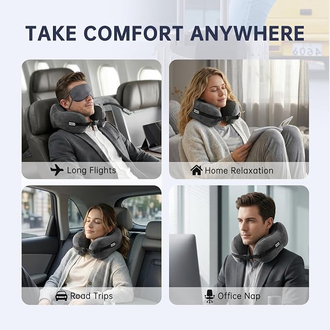 Neck Pillow Travel Pillow - 100% Pure Memory Foam Airplane Pillow with Adjustable Clasp & Removable Cover, Portable Travel Essentials for Long Flights, Car & Office (Dark Gray) - Image 4
