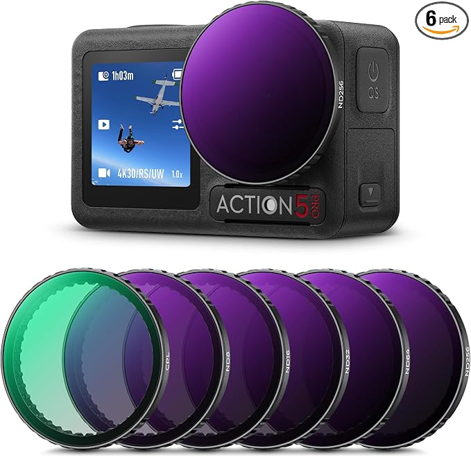 K&F CONCEPT Push-in CPL ND Filter for DJI Osmo Action 5 Pro | 6 Pack ND8 ND16 ND32 ND64 ND256 CPL Polarizer Neutral Density Multi Coated HD Optical Glass Action Camera Accessories, FD131 by KFCONCEPT