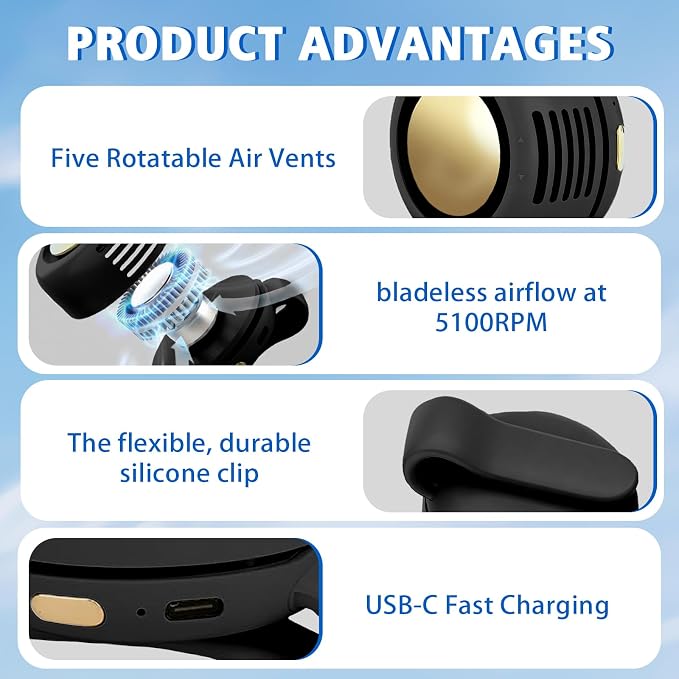 Portable Fan,Clip On Waist Bladeless, Ultra-Quiet Personal Mini Neck Fan | 3 Speeds with 360°Adjustable Clip Mini Fan Personal USB Rechargeable Small Fan for Summer - Image 3