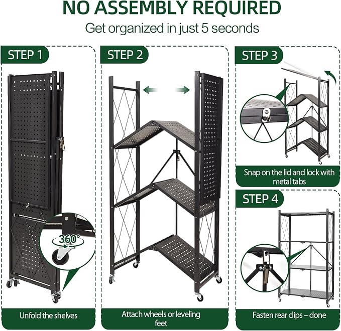 4-Tier Foldable Storage Shelf with Wheels – Heavy Duty 550 LBS Capacity, Collapsible Metal Steel Rolling Rack for Garage, Kitchen, Pantry, Office – Black - Image 4