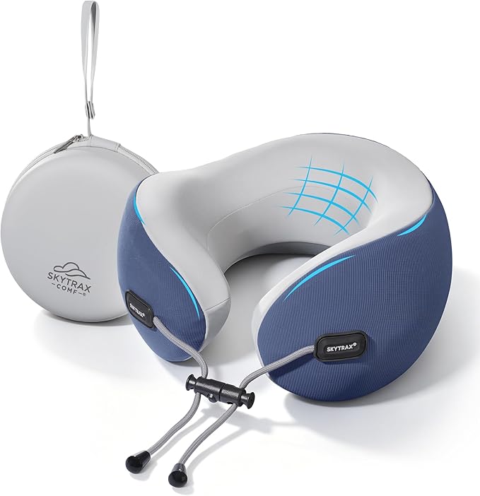 SKYTRAX COMF® Premium Ergonomic Memory Foam Travel Neck Pillow, Washable Cooling Ice Silk Cover, Firm Neck Support for Airplane Long Flights & Pain Relief, with Portable Carry Case (Navy Blue) by SKYTRAXCOMF