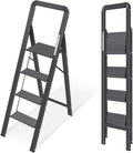 KINGRACK Aluminium 4 Step Ladder, Lightweight Step Stool with Non-Slip Pedals, Handrail, Foldable Step Ladder for Kitchen, Garage, Home, Space Saving, Sturdy and Portable, Black by KINGRACK