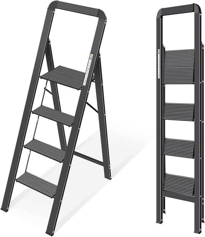 KINGRACK Aluminium 4 Step Ladder, Lightweight Step Stool with Non-Slip Pedals, Handrail, Foldable Step Ladder for Kitchen, Garage, Home, Space Saving, Sturdy and Portable, Black by KINGRACK