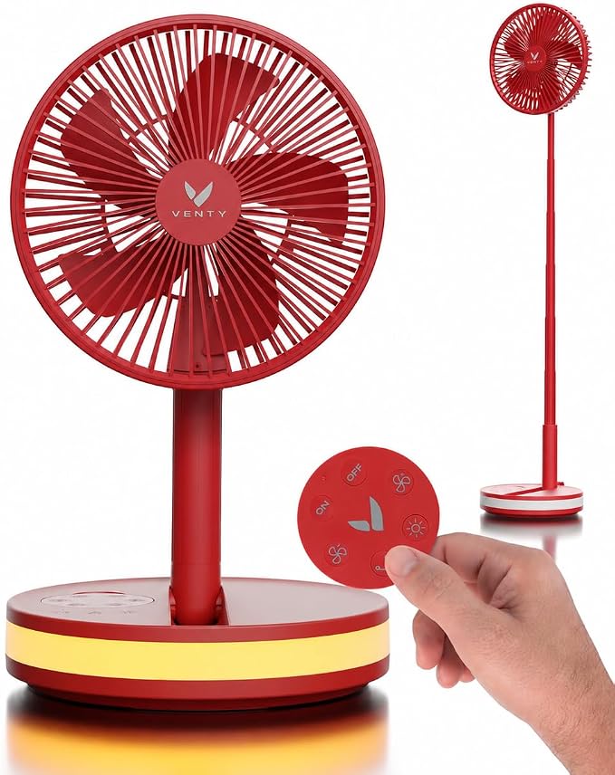 VENTY Portable Fan - Wireless Battery Operated Fan - 4 Speeds - LED Lighting - Carry Case & Remote Control - Cruise Travel - Outdoor Travel RV Power Bank With USB-C Port (Red with Case) by VentyFan
