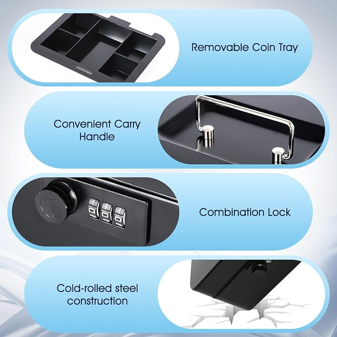 KYODOLED Cash Box with Combination Lock Safe Metal Money Box with Money Tray for Security Lock Box 7.87"x 6.30"x 3.35" Black - Image 4