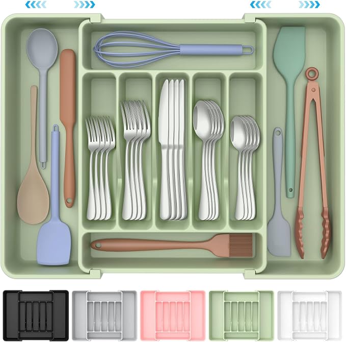 ukeetap Extra Large Expandable Silverware Organizer, Flatware Tray, Green | BPA-Free Food-Safe Kitchen Utensil Cutlery Drawer Organizer, Adjustable Silverware Holder for Spoons Forks Knives by ukeetap