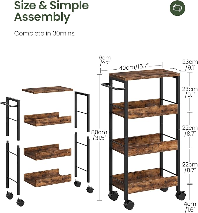 4-Tier Slim Storage Cart, 9.1'' Kitchen Serving Trolley, Slim Rolling Cart with Handle and Guard Rails, Slim Cabinet for Small Spaces, for Dining Room, Rustic Brown and Black TTC03BF - Image 5