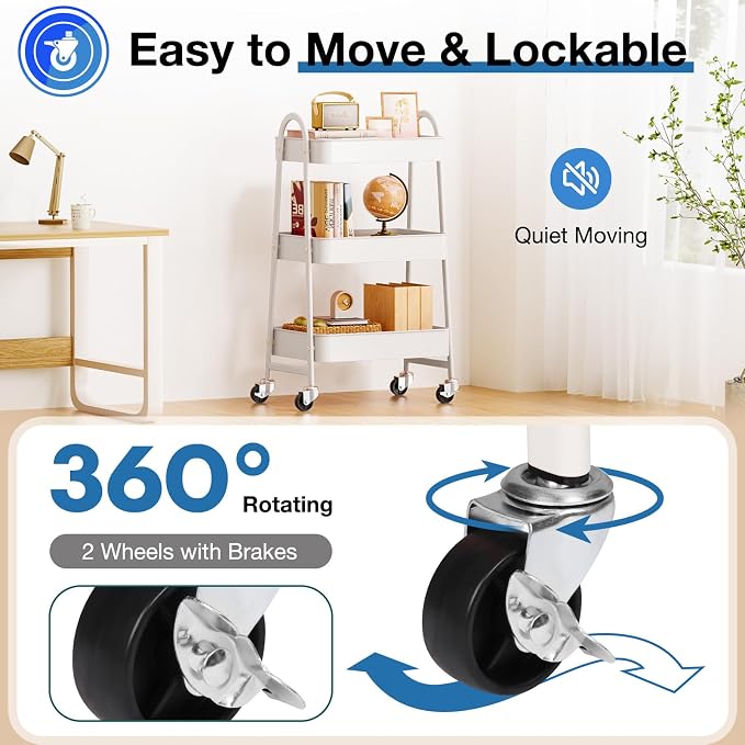 OLIXIS Metal Rolling Storage Utility Cart with Lockable Wheels 3 Tiers | Mobile Organizer Shelf, Space-Saving, Freestanding, Bathroom, Living Room, Slim, Narrow Corner Spaces, White - Image 3