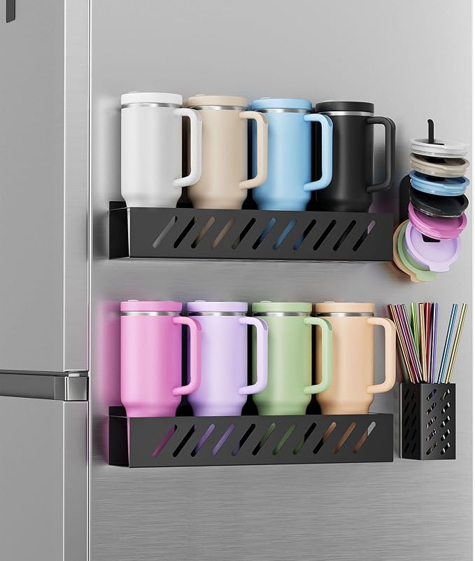 2-Pack Magnetic Stanley Cup Holder with Tumbler Lid & Straw Organizer for Full Stanley 30/40 oz Tumblers - Stores Bottle, Lid & Straw on Fridge/Iron - Removable | Magnetic holder for 8 Stanley 30/40 oz tumblers with lid & straw organizer, Mounts on fri... - Image 8