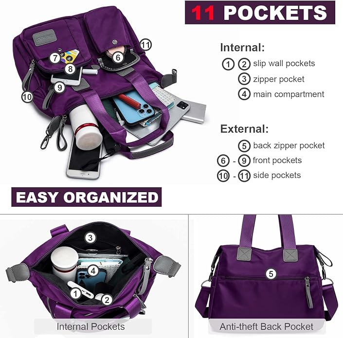 Tote Bag for Women,Multi Pockets Shoulder Handbag,Nurse Bag for Work,Large Cross body Purse,Fashion Nylon Top Handle Satchel - Image 7