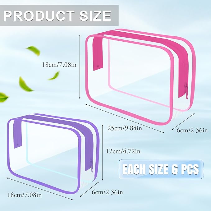 Clear Toiletry Bag, 12 Pack TSA Approved Toiletry Bag Travel Accessories Bag, Quart Size Bag for 3-1-1 Liquids Airport Airline Compliant Clear Makeup Bag with Metal Zipper (2 Size Colorful Bags) - Image 2