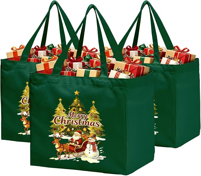 Christmas Canvas Tote Bags with Handles, Large Merry Christmas Shopping Bag | 14.6 x 10.2 x 13 in Holds 60 lbs Reusable Gift Bags for Christmas / Holiday / Party / Kid, Green 3-Pack by CNaiyunpin