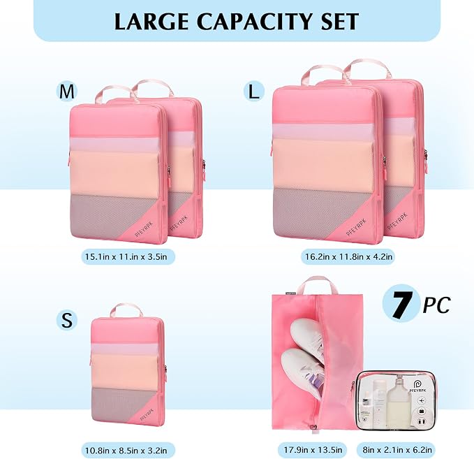 PFEYRPK Lightweight Compression Packing Cubes for Suitcases, Compressible Expandable Travel Packing Organizer with Clear Toiletries and Backpack Bag, Travel Essentials for Carry on Luggage 7 Set - Image 7
