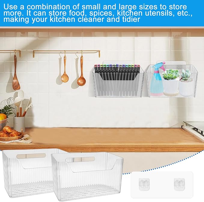 6Pcs Storage Organizer Bins Wall Mounted Organizer Basket Large Size Clear Plastic Makeup Organizer Adhesive Hanging Bin for Bathroom Kitchen Pantry - Image 7