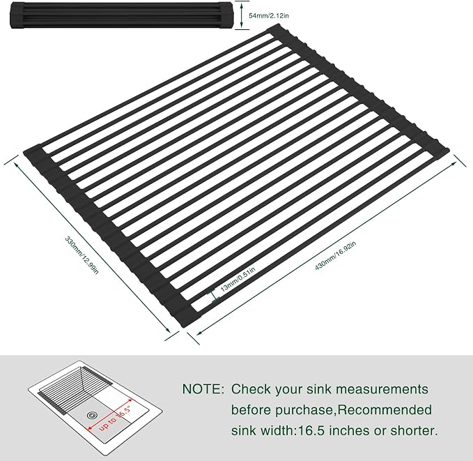 HANZENMA Roll Up Dish Drying Rack Over The Sink Kitchen Roll Up Sink Drying Rack Multipurpose Foldable Sink Drying Mat, Heat-Resistant, Anti-Slip & Anti-Rust Dish Rack for Kitchen, 17" x 13", Black - Image 2