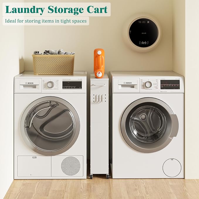 XYZLVSI Slim Storage Cart, Narrow Kitchen Rolling Cart for Small Spaces | 5.9" W skinny storage cart, 12.4" bottom metal utility cart with 360° swivel wheels for bathroom/laundry, slim shelf, white - Image 3