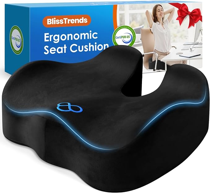 BlissTrends Memory Foam Seat Cushion for Office Chair & Car Seat, Black | 4.7in Ergonomic Tailbone & Sciatica Support with Removable Velvet Cover for Pressure Relief and Long Sitting Comfort by BlissTrends