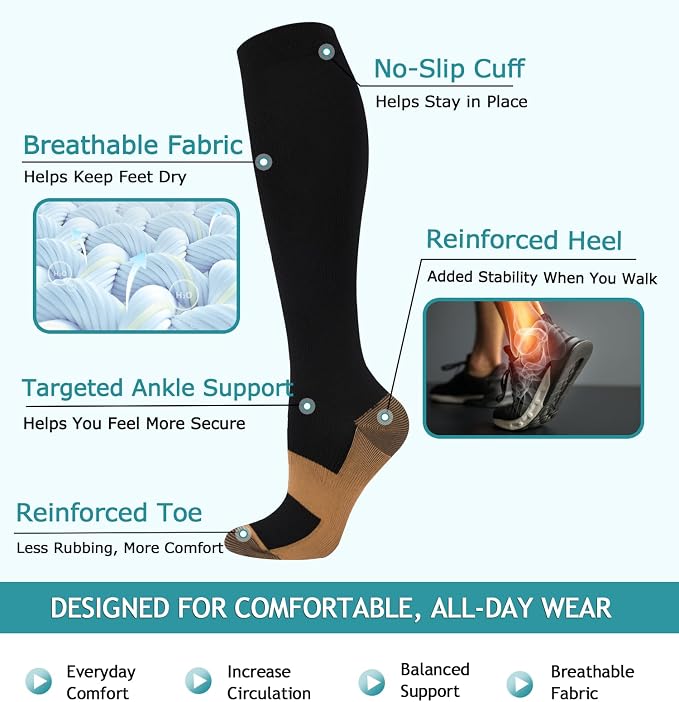 8 Pairs Compression Socks Women Men 15-20mmHg Knee High Support Circulation | Copper Nylon Graduated Stockings,Leg Fatigue, Nurses, Pregnancy, Running, Travel, Flight, Athletic, Medical - Image 4