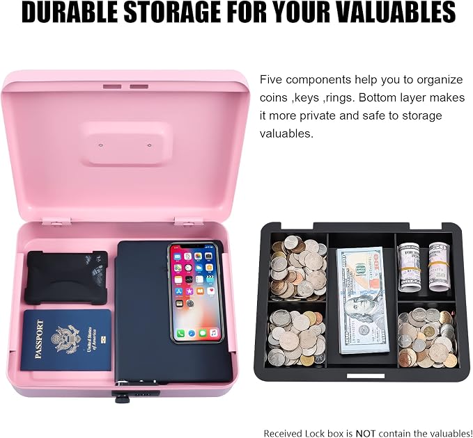KYODOLED Metal Cash Box with Combination Lock Money Box for Cash Safe Metal Box with Money Tray for Security Lock Box 11.81"x 9.45"x 3.54" Pink X Large - Image 4