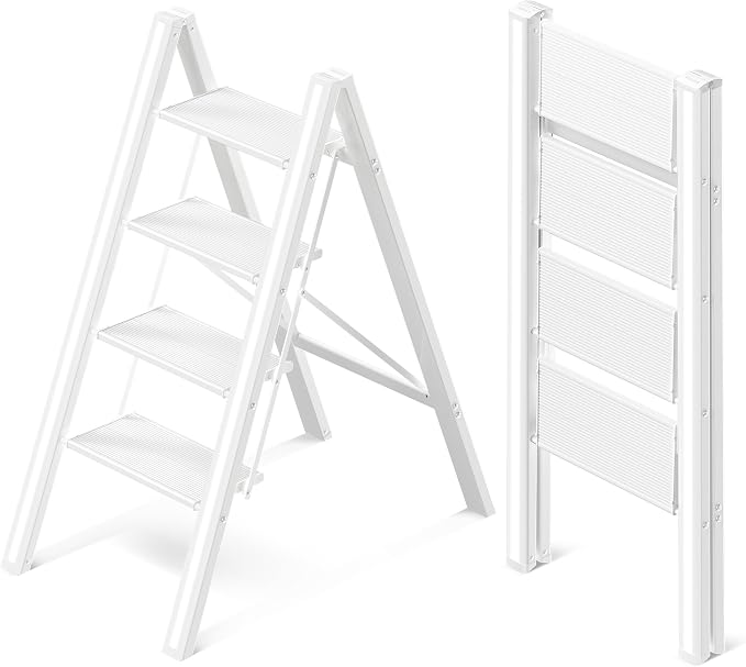 4 Step Ladder, Folding Step Stool with Anti-Slip Wide Pedal | Lightweight, Aluminum Material, 330LBS Load, Portable, Easy Storage, Space Saving, for Kitchen, Bedroom Use, White by GameGem