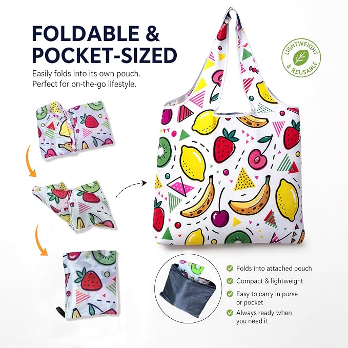 6 Pack Reusable Shopping Bags - Foldable Heavy Duty Washable Totes | Ripstop Nylon, 15x16", Zipped Storage Pouch Fits Palm, Large Handles Hold 50lbs, Travel Beach Picnic Grocery Essentials, Gift - Image 3